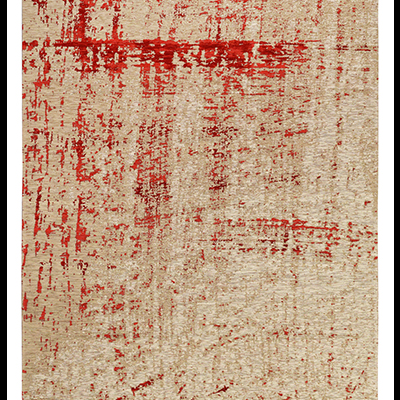 Tapete bege com padrão abstrato vermelho e textura rústica.