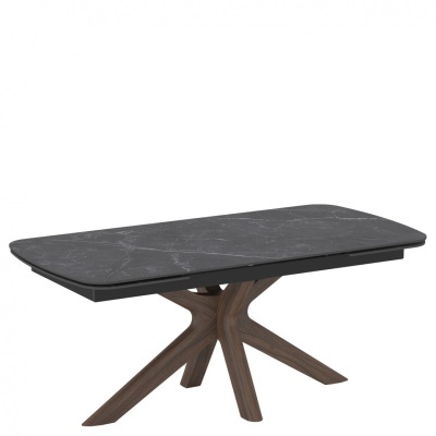 Mesa de refeição retangular com tampo em pedra preta e base em madeira escura