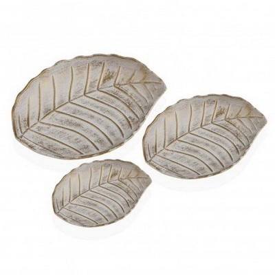 Conjunto três pratos decorativos formato folha cinza claro com veias e detalhes marrons