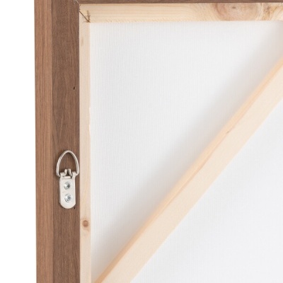 Parte traseira de uma tela para pintura com suporte de madeira e gancho para pendurar