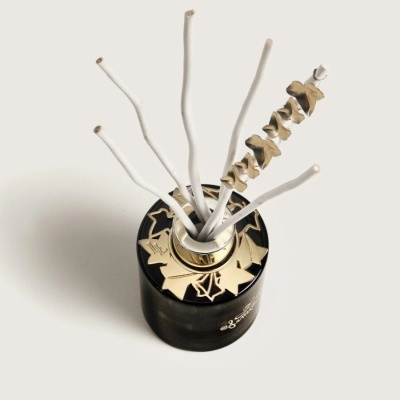 Frasco preto com tampa dourada decorativa e bastões brancos