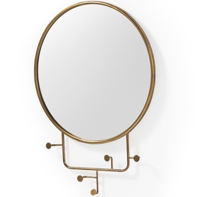 Espelho redondo com moldura metálica dourada e ganchos inferiores