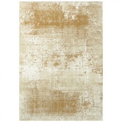 Tapete retangular bege com padrão abstrato dourado e branco