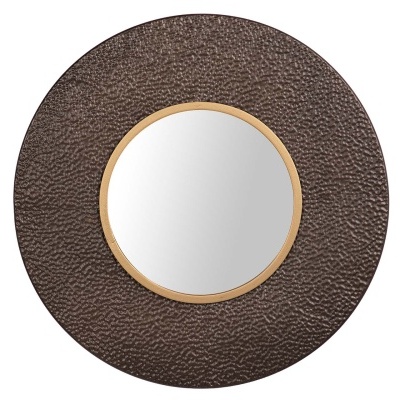 Espelho redondo com moldura castanha escura texturizada e borda dourada