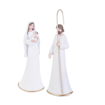 Figuras decorativas de Maria e José em resina com acabamento branco e dourado