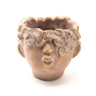 Vaso decorativo em forma de cabeça com detalhes florais em cerâmica castanha e dourada