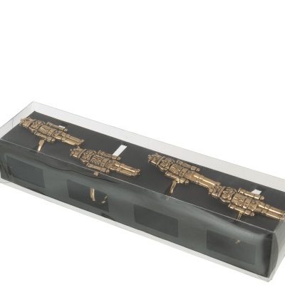 Conjunto de três pegas de mobília douradas em caixa preta com tampa transparente