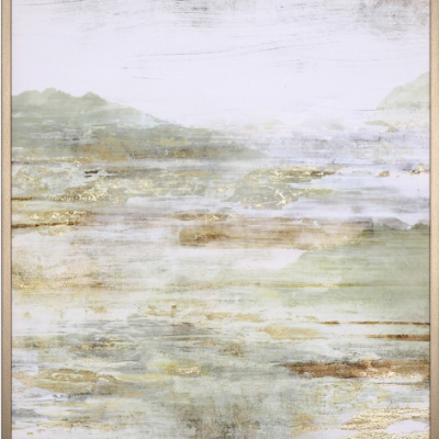 quadro abstrato tons cinza branco verde dourado com textura