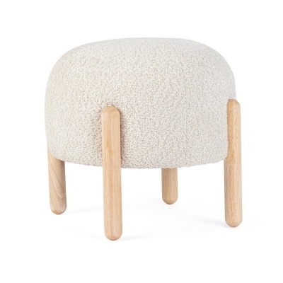 Puff redondo estofado branco com pernas de madeira clara