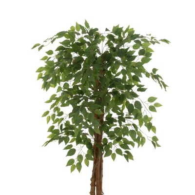 Planta artificial verde em vaso preto sobre fundo branco