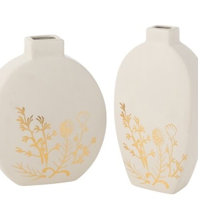 Dois vasos decorativos creme com flores douradas