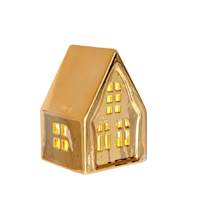 Miniatura de casa decorativa em cerâmica castanha brilhante com janelas recortadas iluminadas
