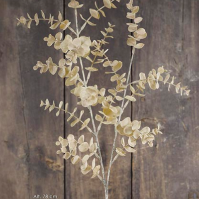 Ramo decorativo com flores e folhas bege claro, fundo madeira escura rústica