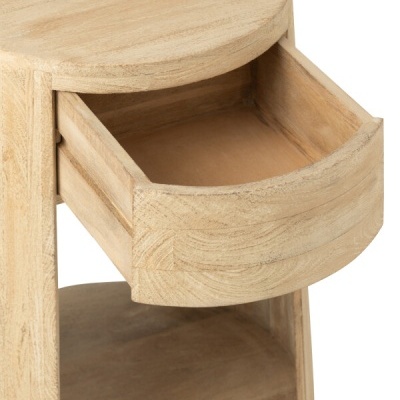 Mesa redonda em madeira clara com gaveta aberta