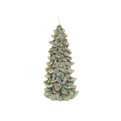 Vela decorativa em forma de árvore de Natal verde com detalhes dourados e bolas vermelhas