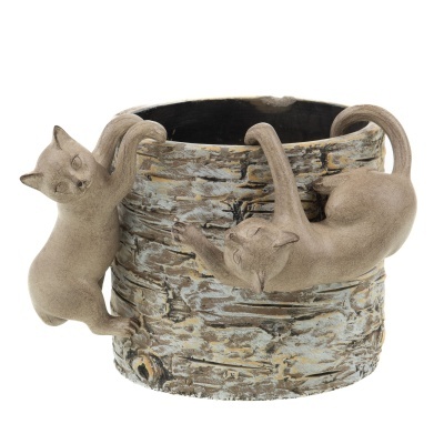 Vaso decorativo com textura de casca e dois gatos em cerâmica agarrados à borda