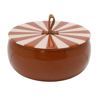 Caixa redonda cerâmica castanha com tampa branca pintada com raios castanhos e pega em couro.