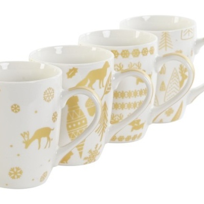 quatro canecas brancas com padrão dourado festivo