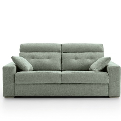 Sofá verde cinzento de dois lugares com almofadas laterais
