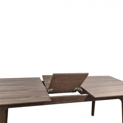 Mesa extensível em madeira castanha com tampo ajustável e pernas cilíndricas