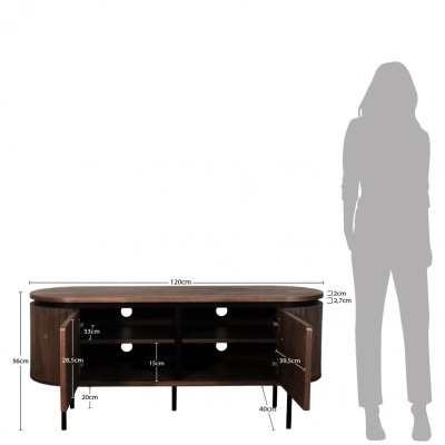 Aparador móvel de madeira escura com portas e prateleiras internas