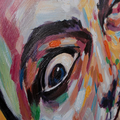 Pintura colorida em tela mostrando close-up a óleo de um olho humano e parte do rosto.