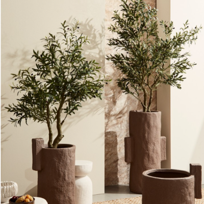 Vasos grandes castanhos com plantas verdes em ambiente interno com paredes claras e móveis baixos.