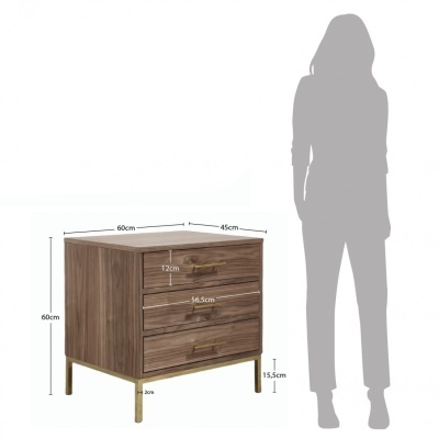 Mesa de cabeceira em madeira castanha com três gavetas e pés dourados