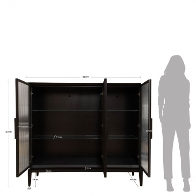 Armário preto de madeira com três portas abertas e medidas indicadas ao lado