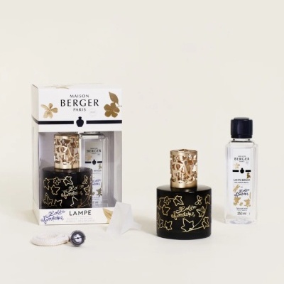 Conjunto de fragrância para lamparina preto e dourado com frasco de líquido e acessórios em fundo claro