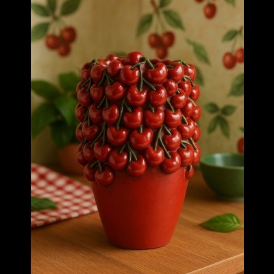 Vaso com cerejas decorativas vermelhas sobre mesa de madeira com toalha xadrez.