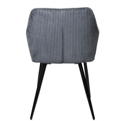 Cadeira estofada cinzenta com pernas metálicas pretas vista de costas