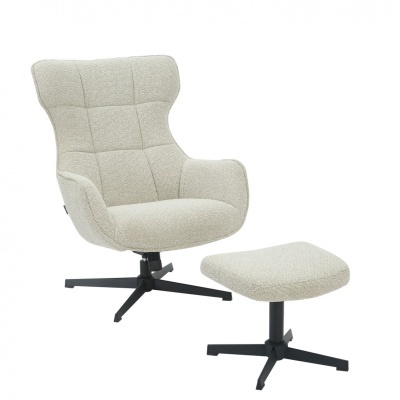 Cadeira de descanso branca com padrão quadrado e repousa-pés