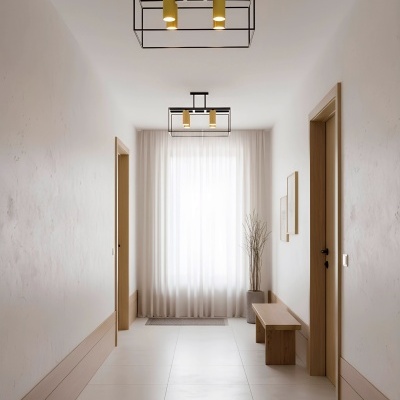 Corredor minimalista com banco de madeira e luminárias modernas suspensas