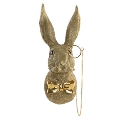 Escultura cabeça de coelho bronze com monóculo e laço dourado