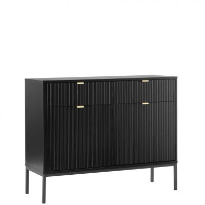 Móvel de arrumação preto com portas e gavetas texturizadas