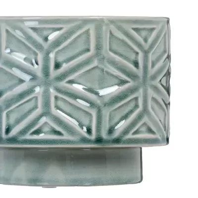Vaso decorativo de cerâmica verde-água com padrão geométrico em relevo