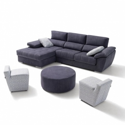 Conjunto de sofá modular cinzento escuro com puffs padrões cinzentos