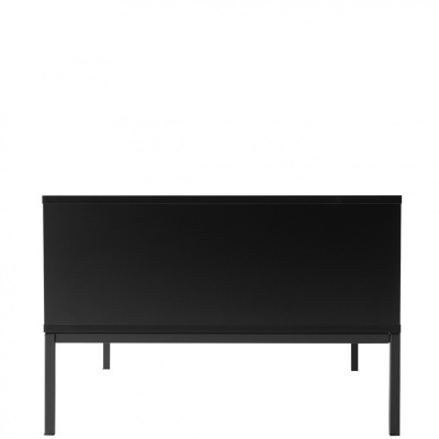 Cama metálica preta com cabeceira quadrada e pés retos