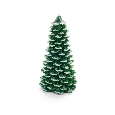 Vela em forma de árvore de Natal verde com neve branca