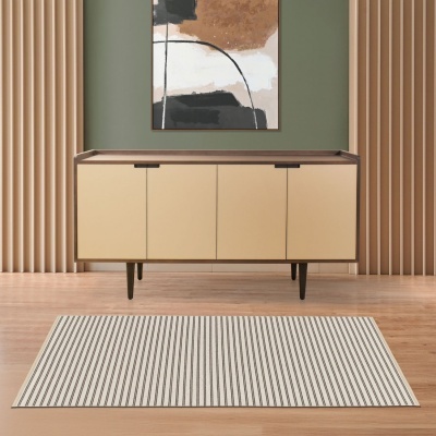 Aparador de madeira bege com estrutura escura em ambiente moderno