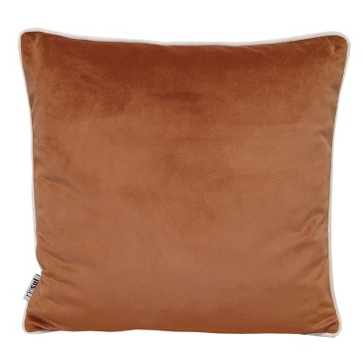 Almofada quadrada castanha de veludo com borda branca e etiqueta KOSIL