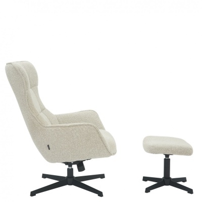Poltrona bege reclinável com apoio para os pés e base preta giratória
