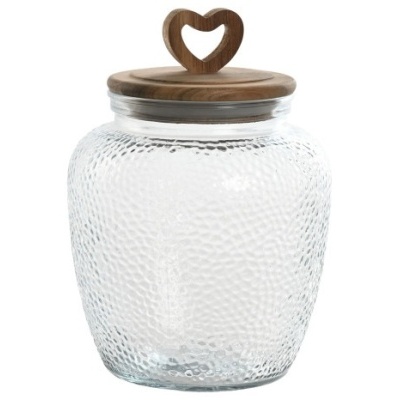 Frasco de vidro texturizado com tampa de madeira e coração