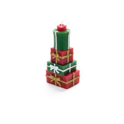 Vela decorativa de Natal em forma de pilha de caixas de presente vermelhas e verdes