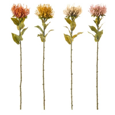 Quatro flores artificiais coloridas com caule longo e folhas verdes