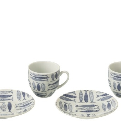 Conjunto louça com chávenas e pratos decorados com peixes azuis