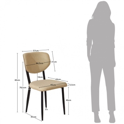 Cadeira estofada bege com pernas pretas e medidas indicadas.