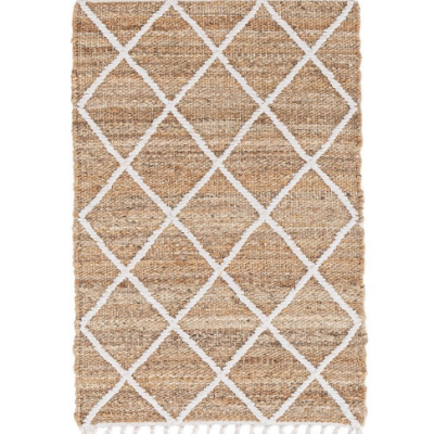 Tapete retangular com padrão de losangos branco e franjas.