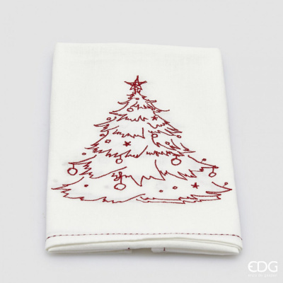 Pano de cozinha branco com bordado vermelho de árvore de Natal